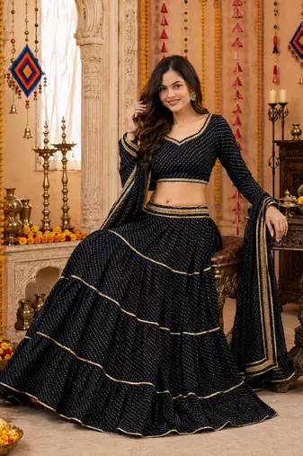 BLACK LEHERIYA PRINT GEORGETTE LEHENGA CHOLI DUPATTA