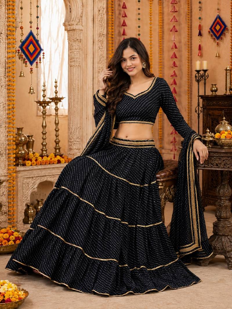 BLACK LEHERIYA PRINT GEORGETTE LEHENGA CHOLI DUPATTA
