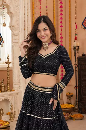 BLACK LEHERIYA PRINT GEORGETTE LEHENGA CHOLI DUPATTA