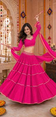 PINK LEHERIYA PRINT GEORGETTE LEHENGA CHOLI DUPATTA 1