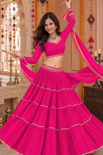 PINK LEHERIYA PRINT GEORGETTE LEHENGA CHOLI DUPATTA