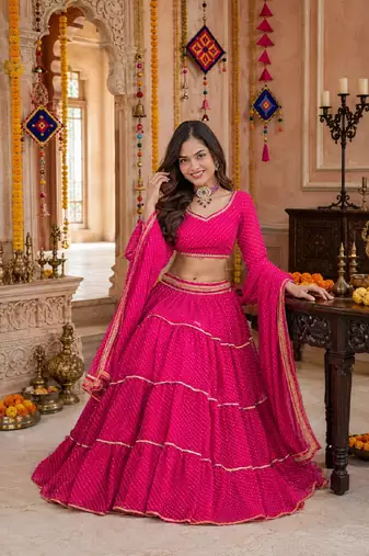 PINK LEHERIYA PRINT GEORGETTE LEHENGA CHOLI DUPATTA