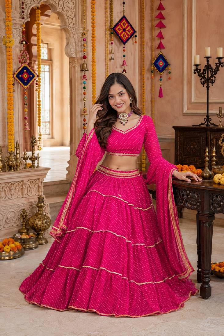 PINK LEHERIYA PRINT GEORGETTE LEHENGA CHOLI DUPATTA