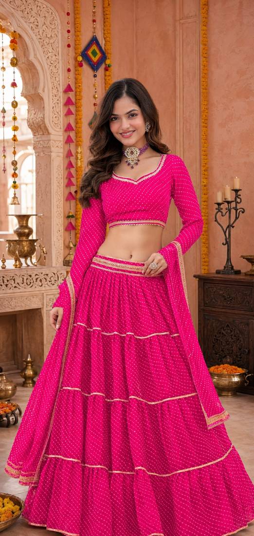 PINK LEHERIYA PRINT GEORGETTE LEHENGA CHOLI DUPATTA