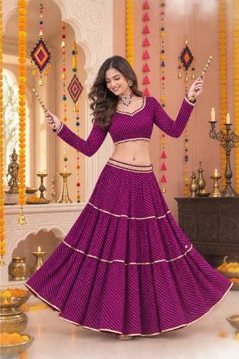 PURPLE LEHERIYA PRINT GEORGETTE LEHENGA CHOLI DUPATTA