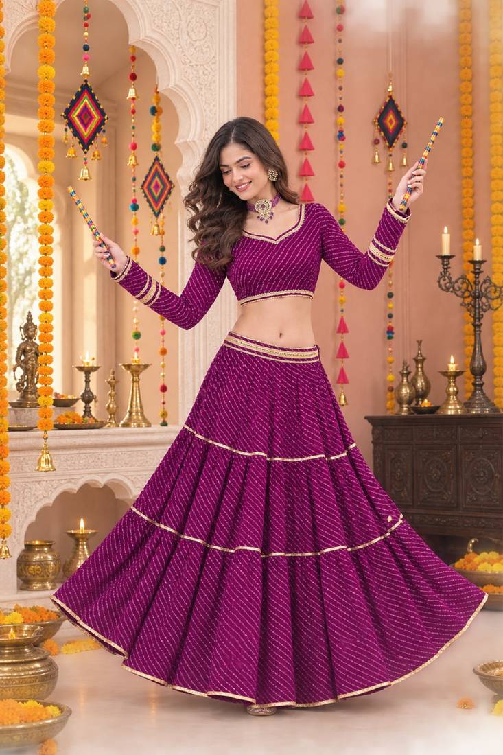 PURPLE LEHERIYA PRINT GEORGETTE LEHENGA CHOLI DUPATTA