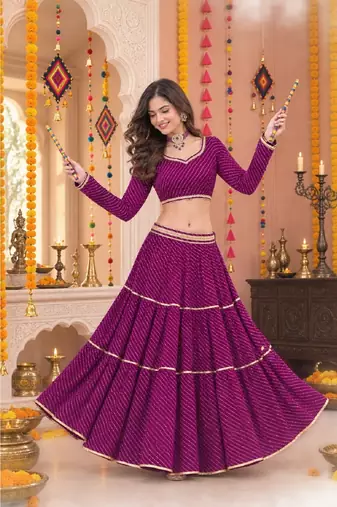 PURPLE LEHERIYA PRINT GEORGETTE LEHENGA CHOLI DUPATTA