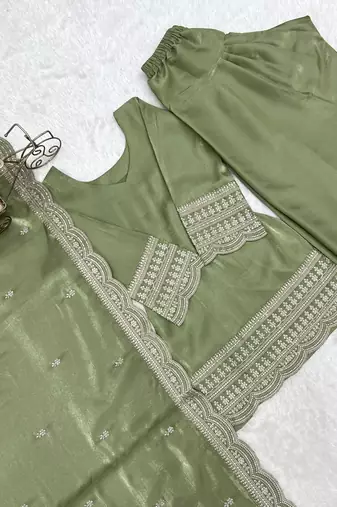 Pista  roman  silk embroidery party wear sharara suit set