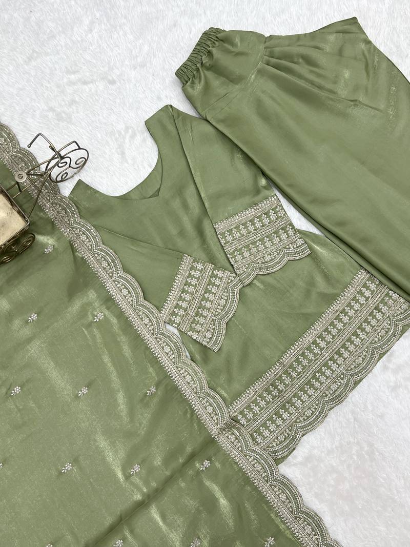 Pista  roman  silk embroidery party wear sharara suit set