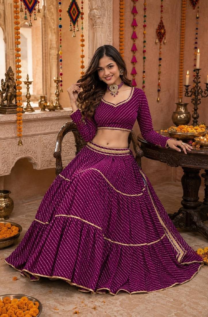 PURPLE LEHERIYA PRINT GEORGETTE LEHENGA CHOLI DUPATTA
