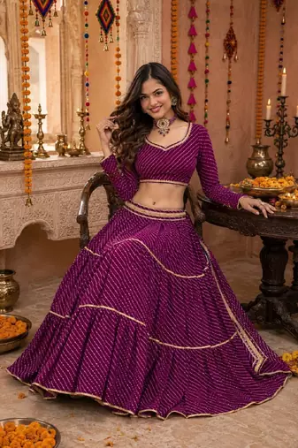 PURPLE LEHERIYA PRINT GEORGETTE LEHENGA CHOLI DUPATTA
