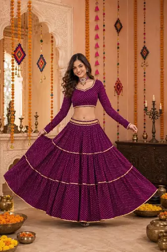 PURPLE LEHERIYA PRINT GEORGETTE LEHENGA CHOLI DUPATTA