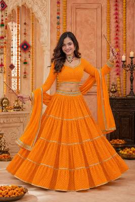 YELLOW LEHERIYA PRINT GEORGETTE LEHENGA CHOLI DUPATTA 1