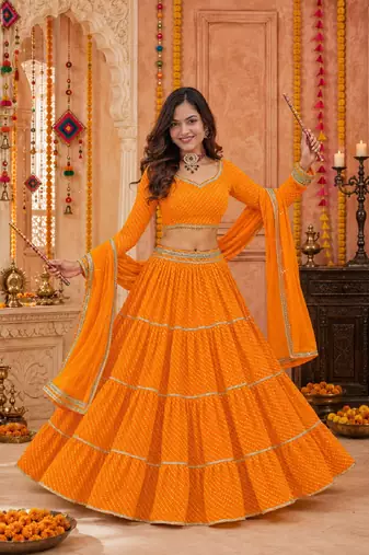 YELLOW LEHERIYA PRINT GEORGETTE LEHENGA CHOLI DUPATTA