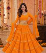YELLOW LEHERIYA PRINT GEORGETTE LEHENGA CHOLI DUPATTA