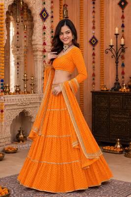 YELLOW LEHERIYA PRINT GEORGETTE LEHENGA CHOLI DUPATTA 2