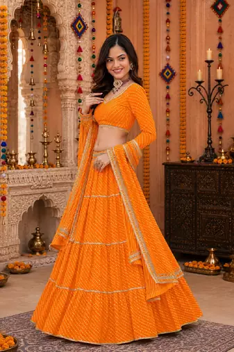 YELLOW LEHERIYA PRINT GEORGETTE LEHENGA CHOLI DUPATTA
