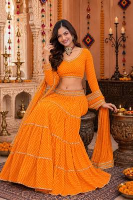 YELLOW LEHERIYA PRINT GEORGETTE LEHENGA CHOLI DUPATTA 3