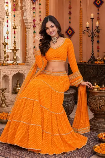 YELLOW LEHERIYA PRINT GEORGETTE LEHENGA CHOLI DUPATTA