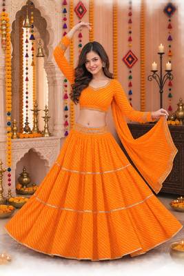 YELLOW LEHERIYA PRINT GEORGETTE LEHENGA CHOLI DUPATTA 4