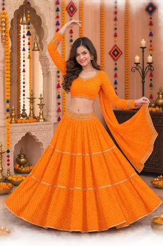 YELLOW LEHERIYA PRINT GEORGETTE LEHENGA CHOLI DUPATTA