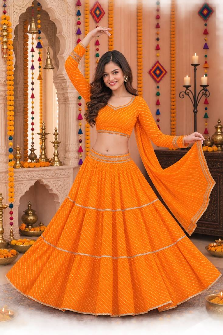YELLOW LEHERIYA PRINT GEORGETTE LEHENGA CHOLI DUPATTA