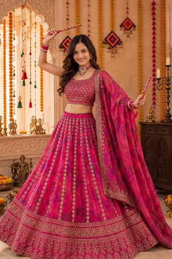 PINK SEQUINS & EMBROIDERED FLORAL PRINT ORGANZA LEHENGA CHOLI DUPATTA