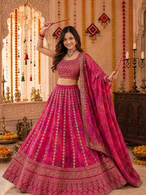 PINK SEQUINS & EMBROIDERED FLORAL PRINT ORGANZA LEHENGA CHOLI DUPATTA 1