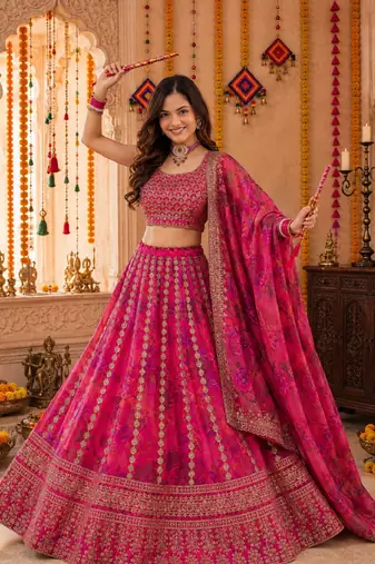 PINK SEQUINS & EMBROIDERED FLORAL PRINT ORGANZA LEHENGA CHOLI DUPATTA