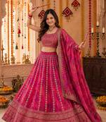 PINK SEQUINS & EMBROIDERED FLORAL PRINT ORGANZA LEHENGA CHOLI DUPATTA