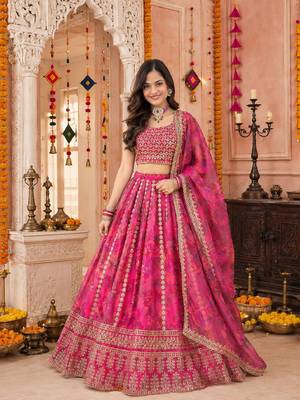 PINK SEQUINS & EMBROIDERED FLORAL PRINT ORGANZA LEHENGA CHOLI DUPATTA 2
