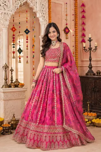 PINK SEQUINS & EMBROIDERED FLORAL PRINT ORGANZA LEHENGA CHOLI DUPATTA