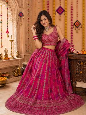 PINK SEQUINS & EMBROIDERED FLORAL PRINT ORGANZA LEHENGA CHOLI DUPATTA 3