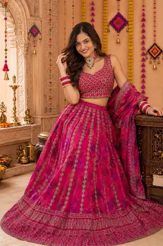 PINK SEQUINS & EMBROIDERED FLORAL PRINT ORGANZA LEHENGA CHOLI DUPATTA