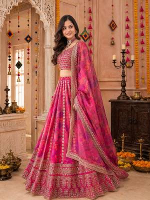 PINK SEQUINS & EMBROIDERED FLORAL PRINT ORGANZA LEHENGA CHOLI DUPATTA 4