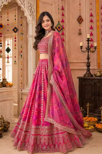 PINK SEQUINS & EMBROIDERED FLORAL PRINT ORGANZA LEHENGA CHOLI DUPATTA