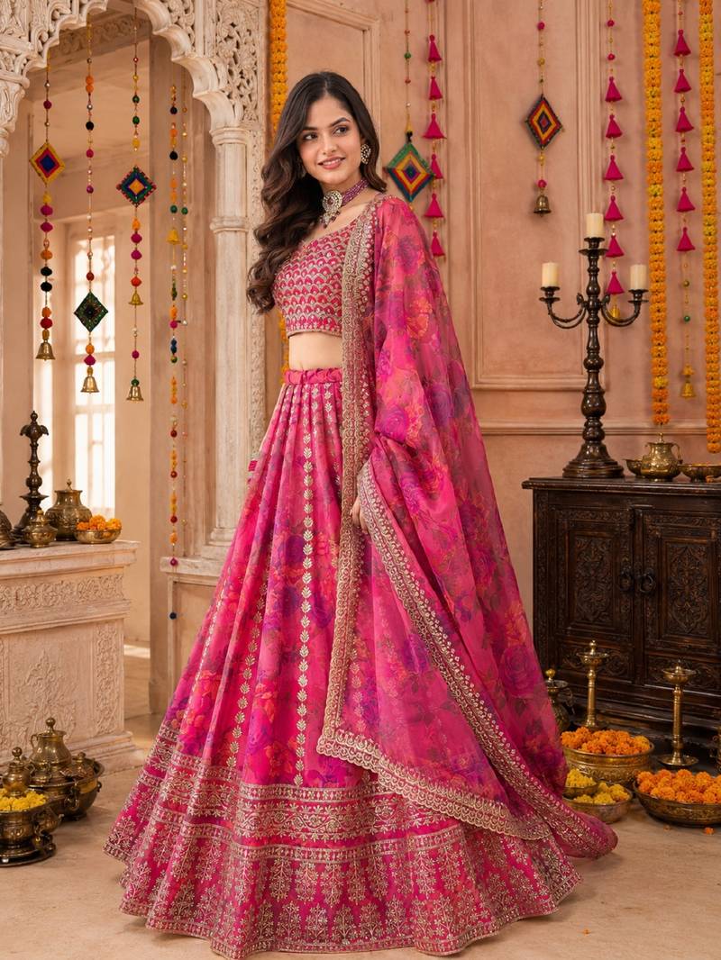 PINK SEQUINS & EMBROIDERED FLORAL PRINT ORGANZA LEHENGA CHOLI DUPATTA