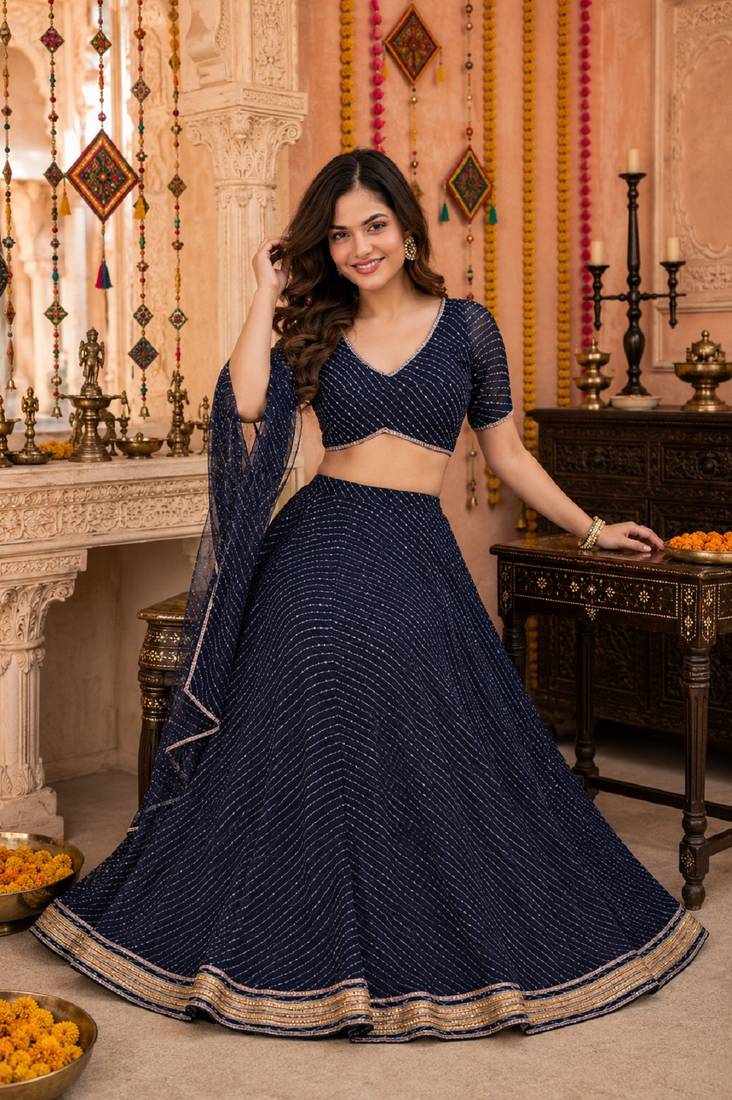 BALCK LEHERIYA PRINT GEORGETTE  LEHENGA CHOLI DUPATTA