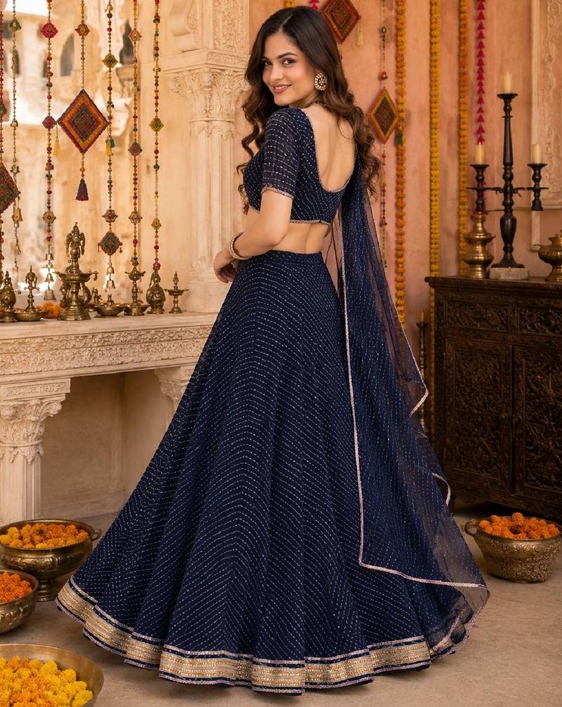 BALCK LEHERIYA PRINT GEORGETTE  LEHENGA CHOLI DUPATTA
