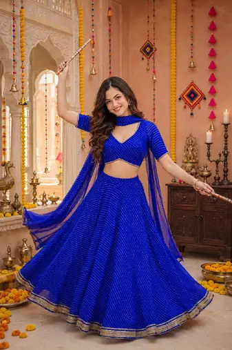 BLUE LEHERIYA PRINT GEORGETTE LEHENGA CHOLI DUPATTA