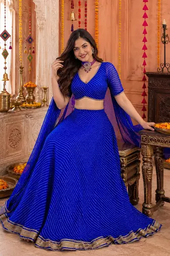 BLUE LEHERIYA PRINT GEORGETTE LEHENGA CHOLI DUPATTA