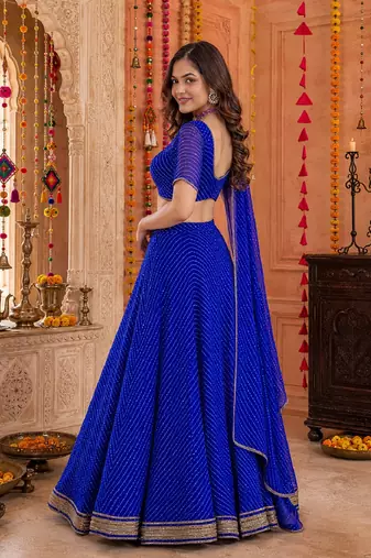 BLUE LEHERIYA PRINT GEORGETTE LEHENGA CHOLI DUPATTA