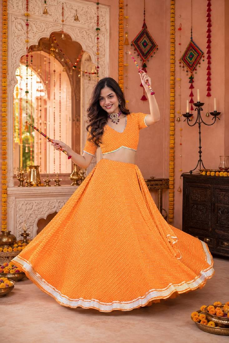 ORANGE LEHERIYA PRINT GEORGETTE LEHENGA CHOLI DUPATTA