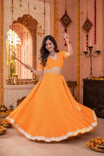 ORANGE LEHERIYA PRINT GEORGETTE LEHENGA CHOLI DUPATTA