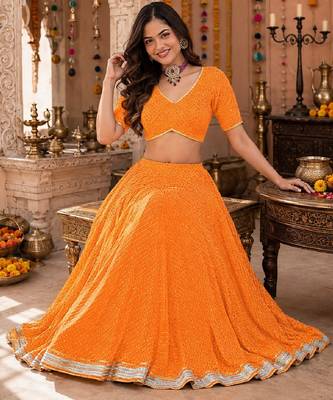 ORANGE LEHERIYA PRINT GEORGETTE LEHENGA CHOLI DUPATTA 2