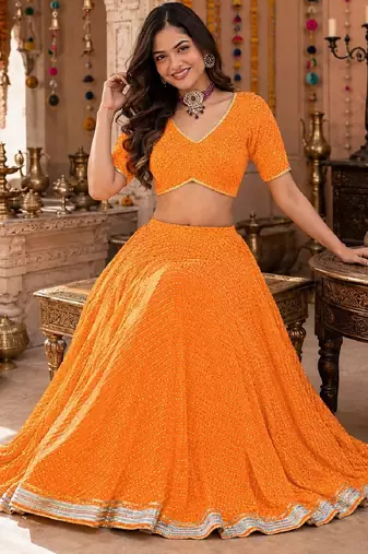 ORANGE LEHERIYA PRINT GEORGETTE LEHENGA CHOLI DUPATTA