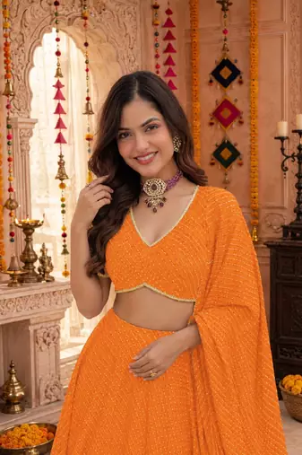 ORANGE LEHERIYA PRINT GEORGETTE LEHENGA CHOLI DUPATTA