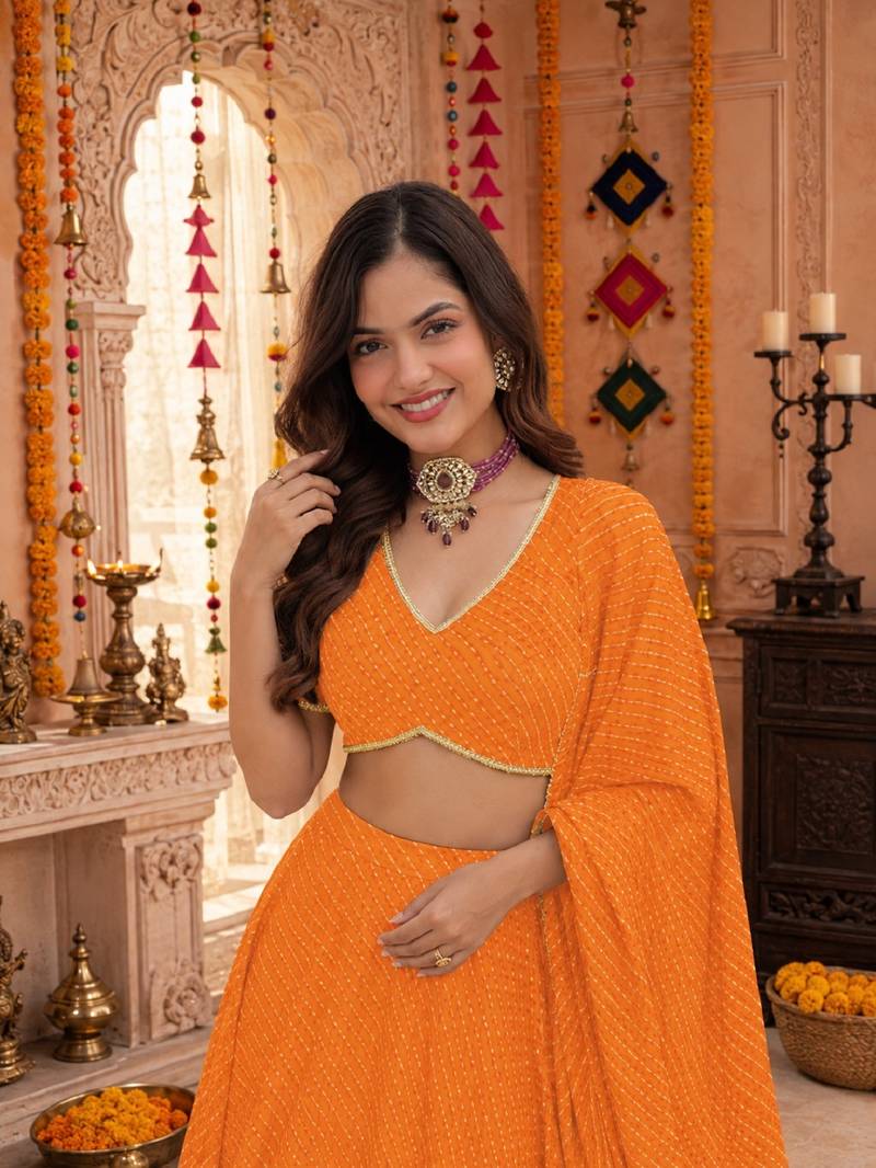 ORANGE LEHERIYA PRINT GEORGETTE LEHENGA CHOLI DUPATTA