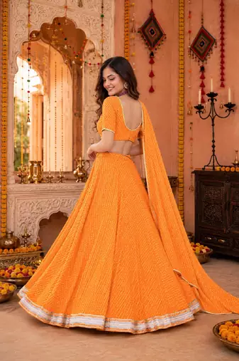 ORANGE LEHERIYA PRINT GEORGETTE LEHENGA CHOLI DUPATTA