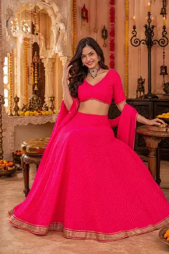 PINK LEHERIYA PRINT GEORGETTE LEHENGA CHOLI DUPATTA